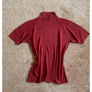 Valerie Stevens Red Pure Silk Ribbed Mock Neck Short Sleeve Sweater Top Size M